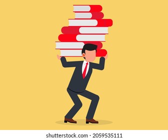 Businessman holding pile of heavy documents. paperwork burden stress