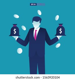 Businessman holding pile of money bag on both hand with flying money coin. Business vector illustration 