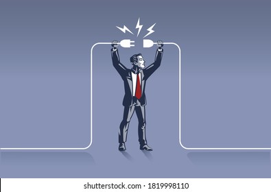 Businessman Holding Plugs Trying to Connect Wires. Business Concept Illustration of Right Man in the Right Place