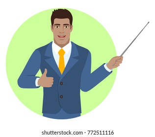 Businessman holding a pointer and showing thumb up. Portrait of Black Business Man in a flat style. Vector illustration.