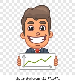 Businessman Holding Positive Business Graph And Smiling. Funny Character. Vector Character