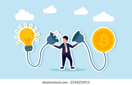 A businessman is holding a power plug with each end connected to a lit lamp and a bitcoin, illustrating innovative strategies in bitcoin trading and investment analysis
