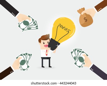 businessman holding powerful light bulb like best ideas with offer hand of customers holding cash