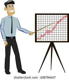 Businessman holding a presentation points to a graph. Vector illustration