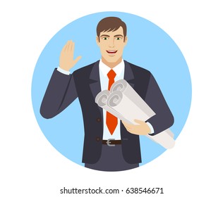 Businessman holding the project plans and greeting someone with his hand raised up. Portrait of businessman character in a flat style. Vector illustration.