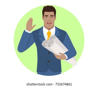 Businessman holding the project plans and greeting someone with his hand raised up. Portrait of Black Business Man in a flat style. Vector illustration.