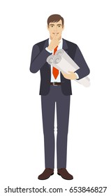 Businessman holding the project plans and making hush sign. Full length portrait of businessman character in a flat style. Vector illustration.