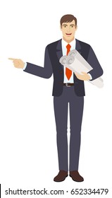 Businessman holding the project plans and pointing something beside of him. Full length portrait of businessman character in a flat style. Vector illustration.