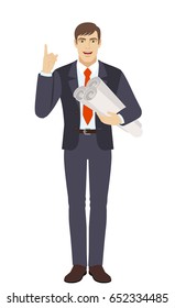 Businessman holding the project plans and pointing up. Full length portrait of businessman character in a flat style. Vector illustration.