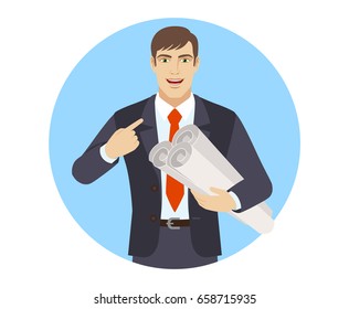 Businessman holding the project plans and pointing at himself. Portrait of businessman character in a flat style. Vector illustration.