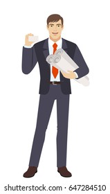 Businessman holding the project plans and showing the business card. Full length portrait of businessman character in a flat style. Vector illustration.