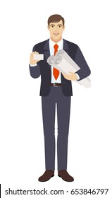 Businessman holding the project plans and showing business card. Full length portrait of businessman character in a flat style. Vector illustration.