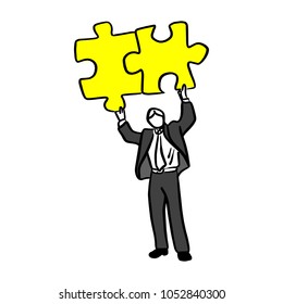 businessman holding puzzle over his head vector illustration sketch hand drawn with black lines isolated on white background