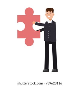 Businessman holding puzzle. Problem and solution concept. Vector illustration in flat style
