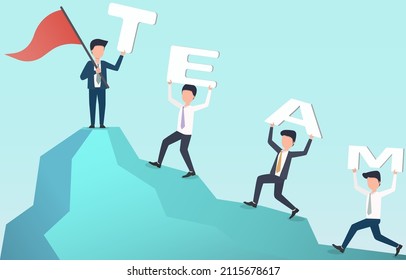 Businessman holding a puzzle T,E,A,M following the leader to the top of the mountain. Business project teamwork concept Vector illustration Eps10.