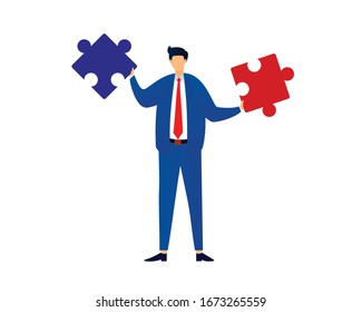 Businessman Holding Puzzles Illustration as Symbolization of Solving Problem or Found Solution