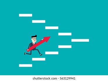 Businessman holding an red arrow sign, running rising up the stairs, Business concept, Flat style vector illustration EPS 10.