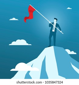 Businessman Holding Red Flag on the Top of Mountain, Concept of Business Success or Business conquerer.