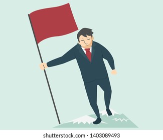 Businessman holding a red flag on mountain peak, Business concept of victory and success, Flat design vector illustration strategy and winner idea, conqueror leader and happy face.
