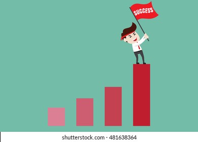 Businessman holding red flag on bar chart peak. Business concept cartoon illustration