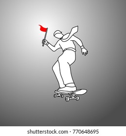 businessman holding red flag on skateboard vector illustration doodle sketch hand drawn with black lines isolated on gray background. success business concept. 