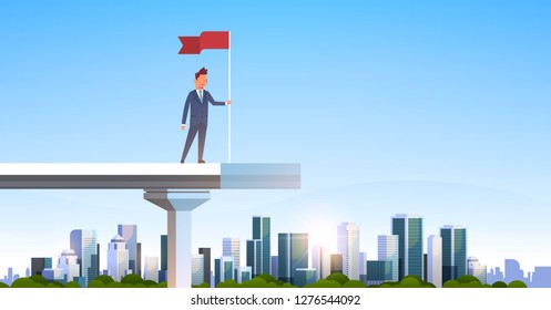 Businessman Holding Red Flag Standing Edge Unfinished Bridge Successful Business Man Achievement Concept Over Modern City Skyscraper Cityscape Flat Horizontal