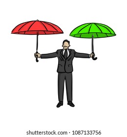 businessman holding red and green umbrella vector illustration sketch doodle hand drawn with black lines isolated on white background