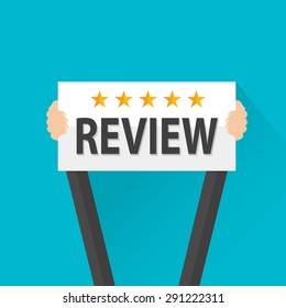 Businessman holding review sign, vector