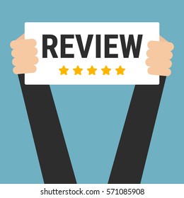 Businessman holding review sign, vector