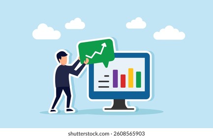 Businessman holding a rising chart sign near a monitor with graph, illustration of giving notes on positive business performance