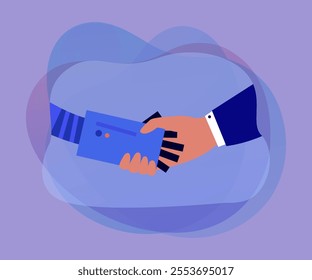 Businessman holding robot hand for handshake. Partnership and trust between person and android flat vector illustration. Technology, teamwork concept for banner, website design or landing web page