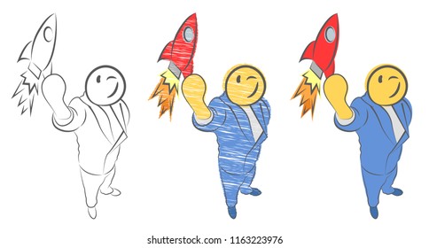 Businessman holding a rocket. Guy launches rocket into the sky. Employee performs the start-up of the spacecraft. Start up concept. Hand drawn cartoon doodle vector illustration. Funny person.