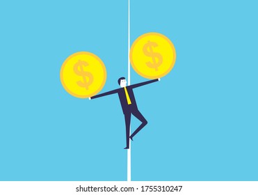 Businessman holding a salaryman walking on a rope vector design