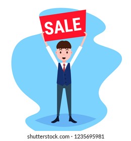 businessman holding sale board special offer discount promotion concept flat male cartoon character full length