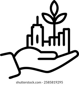 Businessman holding sapling with city background and copy space concept as Glossy image of a businessman holding a small sapling with a city skyline in the background symbolizing the integration of su