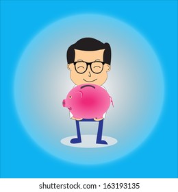 businessman holding a saving pig in his arms