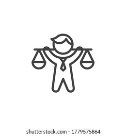 Businessman Holding Scales line icon. linear style sign for mobile concept and web design. Business balance outline vector icon. Symbol, logo illustration. Vector graphics