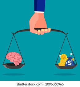 Businessman holding scales with money and brains. Value of thought