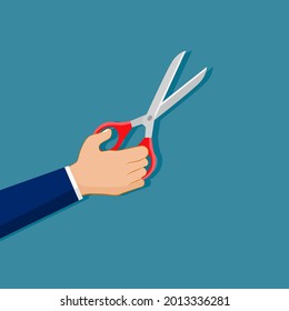 Empresario sosteniendo tijeras. concepto de corte o eliminación. ilustración vectorial