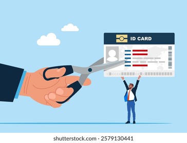 Businessman holding scissors to cut ID card or driver license.  Flat vector illustration.