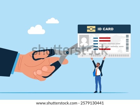 Businessman holding scissors to cut ID card or driver license.  Flat vector illustration.