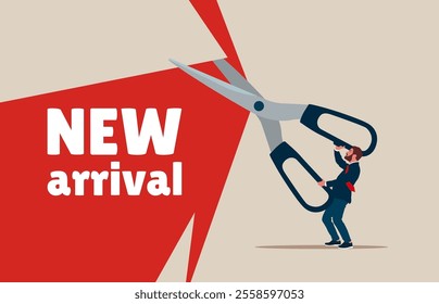 Businessman holding scissors to cut red curtain about new arrival or new company. Place for text. Flat vector illustration