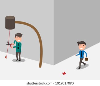 businessman holding scissors intends to cut a rope trap for attack to another business man. The concept of a rival in business. cartoon business concept vector illustration.
