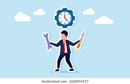 Businessman holding a screwdriver and wrench with a gear labeled with a clock, illustration of time for maintenance of business workflow and production machines