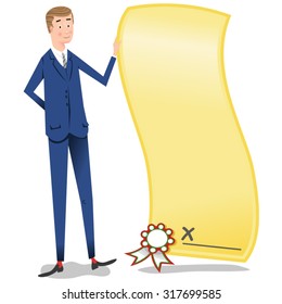 Businessman holding scroll with guarantee mark and signature line (Fifties retro style)