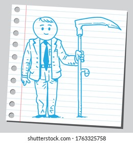 Businessman holding scythe.
He is ready to use the scythe to mow the lawn. 