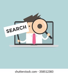 Businessman holding SEARCH sign and looking through a magnifying glass in computer notebook
