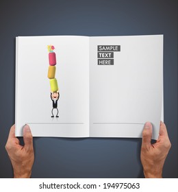 Businessman holding several cans printed on book