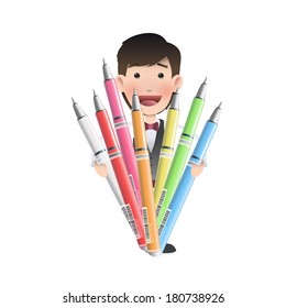 Businessman holding several pens over white background. Vector design