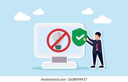 Businessman holding a shield beside a monitor showing a broken light with a forbidden sign illustration of rejecting or warning in applying business ideas